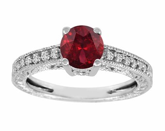 Garnet Engagement Ring: 1.14 Carat Red Garnet, Diamond Accent, 14K White Gold
