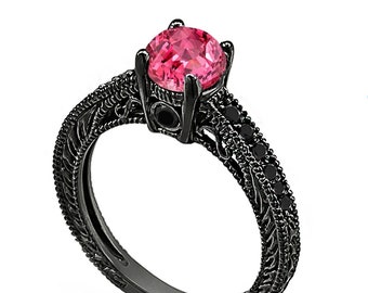 Pink Sapphire Engagement Ring, Wedding Ring 14K Black Gold Unique Vintage Style 0.74 Carat Pave Handmade Certified