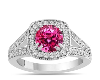Pink Sapphire Engagement Ring 14K White Gold 1.71 Carat Unique Halo Handmade Certified