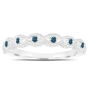 Fancy Blue Diamonds Wedding Band, Wedding Ring 14K White Gold Vintage Antique Style Engraved 0.10 Carat