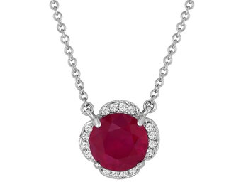 Ruby & Diamonds Pendant Necklace, Ruby Solitaire Pendant,Flower Pendant, Floral Necklace, 2.62 Carat 14k White Gold Certified handmade