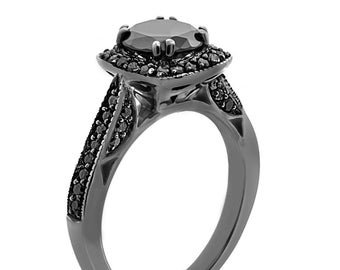 Vintage Black Diamonds Engagement Ring, Black Gold Wedding Ring, 1.50 Carat Certified Pave Set Handmade