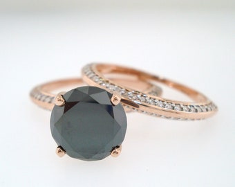 Rose Gold Diamond Engagement Ring Set, Fancy Black Diamonds Bridal Ring Set, Wedding Sets 1.79 Carat Certified Micro Pave Handmade