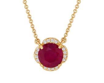 Ruby & Diamonds Flower Pendant Necklace 2.62 Carat 14k Yellow Gold Certified handmade