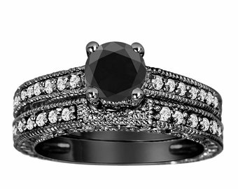 Black Diamond Engagement Ring Set, Vintage Wedding Rings Sets, 14K Black Gold 0.87 Carat Certified Unique Handmade