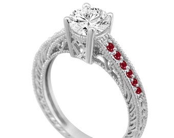 GIA Certified Diamond & Ruby Engagement Ring: Handmade Vintage Style Platinum or 14K White Gold