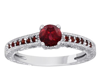 Red Garnet Engagement Ring: 14K White Gold Pave Set, Vintage Style