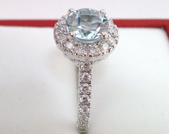 18K White Gold Aquamarine Engagement Ring, Halo Engagement Ring, Diamond Bridal Ring, 1.56 Carat Handmade