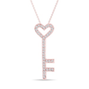 Diamond Key Pendant Necklace Love Heart Platinum, 14K Or 18K Yellow Gold, White Gold, Rose Gold Or Black Gold 0.51 Carat Pave Handmade