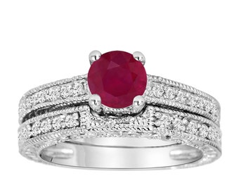 Ruby Engagement Ring Set, With Diamonds Bridal Ring Sets, Wedding Sets, Anniversary Sets, 1.30 Carat 14K White Gold Vintage Style Handmade