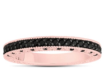 Unique Black Diamonds Wedding Ring, Anniversary Band, Half Eternity Ring, 14K Rose Gold Vintage Antique Style Engraved Pave 0.38 Carat