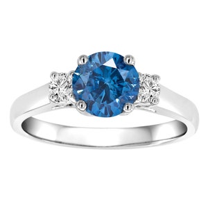 Handmade 14K White Gold Three Stone Blue Diamond Engagement Ring