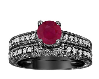 1.35 Carat Ruby Engagement Ring Set, With Diamonds Wedding Ring Sets Vintage Style 14k Black Gold Certified Handmade
