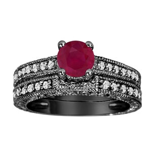 1.35 Carat Ruby Engagement Ring Set, With Diamonds Wedding Ring Sets Vintage Style 14k Black Gold Certified Handmade