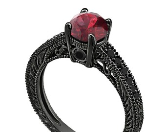 Red Garnet Engagement Ring Unique Vintage Style 14K Black Gold 0.75 Carat Pave Set Birthstone Antique Style Engraved Handmade