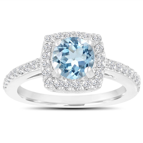 Aquamarine Halo Engagement Ring, 14K White Gold, Rose Gold, Black Gold Or Platinum 1.24 Carat Vintage Style Certified Pave Handmade