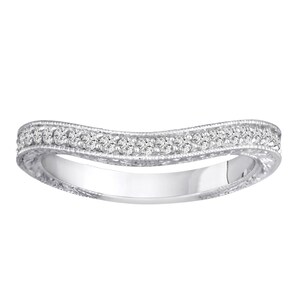 Platinum Hand Engraved Diamond Wedding Band, Diamond Curve Wedding Ring, Filigree Wedding Band, Antique Vintage Style 0.23 Carat