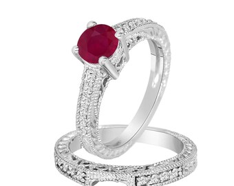 0.87 Carat Ruby & Diamond Engagement Ring Set, Wedding Rings Sets, Anniversary Rings, 14K White Gold Vintage Style Certified HandMade