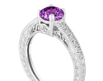 0.70 Carat Purple Amethyst And Diamonds Engagement Ring, 14K White Gold Or Black Gold Vintage Antique Style Engraved Unique Handmade
