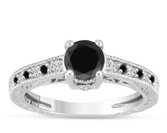 Black Diamond Wedding Ring, Black and White Diamonds Engagement Ring 14K White Gold Vintage Antique Style Engraved 1.10 Carat Certified