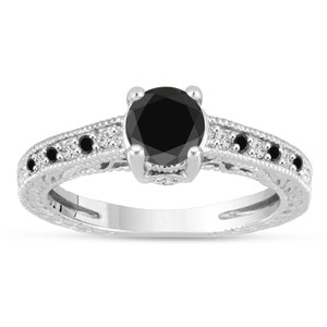 Black And White Diamonds Engagement Ring 14K White Gold Vintage Antique Style Engraved 1.20 Carat Certified Handmade