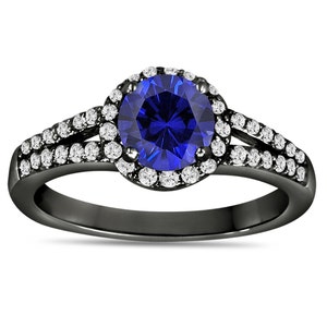 Blue Sapphire & Diamond Engagement Ring Vintage Style 14K Black Gold 1.34 Carat Pave Set HandMade Certified Halo image 1