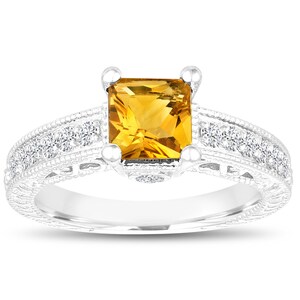 Princess Cut Citrine Engagement Ring: Vintage 14k White Gold Diamond Accent