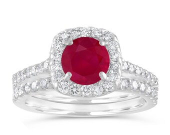 Ruby Engagement Ring Set, Ruby and Diamonds Wedding Ring Sets, Cushion Cut Bridal Rings, 1.86 Carat 14K White Gold Certified Halo Handmade