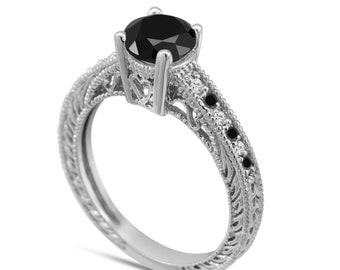 Vintage Black Diamond Engagement Ring 14K White Gold 0.63 Carat Antique Style Pave Handmade Unique