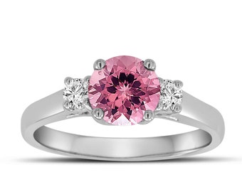 Pink Tourmaline And Diamonds Three Stone Engagement Ring 14K White Gold 1.07 Carat Birthstone Handmade