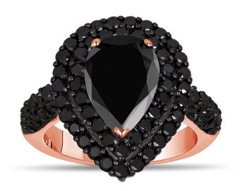 3.51 Carat Black Diamond Engagement Ring: 14K Rose Gold Pear Double Halo