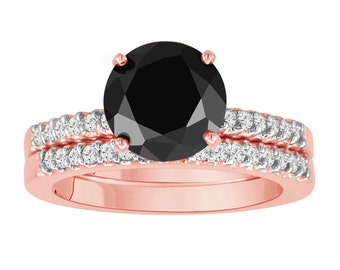 Black Diamond Engagement Ring Set, Rose Gold Engagement Ring, Diamond Wedding Ring Sets, 1.45 Carat HandMade