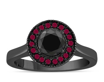 Black Diamond and Rubies Engagement Ring, Vintage Engagement Ring, 14K Black Gold 0.95 Carat Certified Pave Halo Bridal Unique Handmade