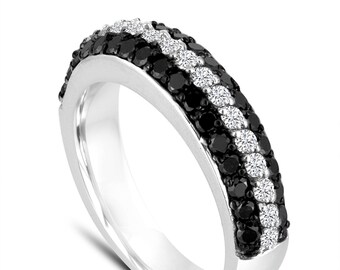 Diamond Wedding Band, Half Eternity 3 Rows Pave Wedding Ring, Black & White Diamonds Wedding Band, 14k White Gold Unique 0.84 Carat