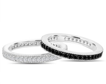 Handgemachte Black & White Diamant Eternity Ringe: 14k Weißgold Pave Bands