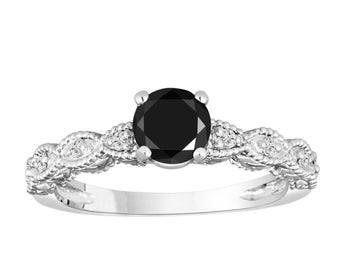 Black Diamond Engagement Ring, 14K White Gold Vintage Style Engraved 0.79 Carat Handmade Certified