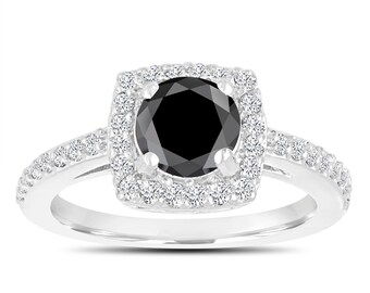 Black Diamond Halo Engagement Ring, 14K White Gold, Handmade