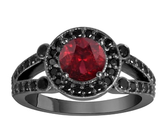 Garnet Engagement Ring, Black Diamonds Bridal Ring,Wedding Ring Vintage Style 14k Black Gold 1.57 Carat Unique Halo HandMade Birth Stone