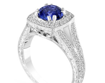 1.58 Carat Blue Sapphire Engagement Ring, With Diamonds Wedding Ring Vintage Antique Style Hand Engraved 14K White Gold Unique Handmade