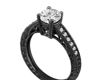 Vintage Diamond Engagement Ring, Filigree Wedding Ring, Unique Bridal Ring, 0.64 Carat 14K Black Gold Certified Handmade