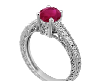 Red Ruby & Diamonds Engagement Ring Vintage Style 14k White Gold Handmade Certified 0.74 Carat