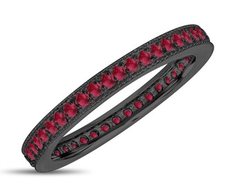 Anel Eternity de Rubi Feito à Mão: Anel Milgrain Pavé de Ouro Negro 14k