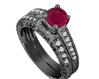 0.87 Carat Ruby Engagement Ring Set, Ruby Wedding Sets, Vintage Engagement Ring Sets, 14K Black Gold Certified HandMade