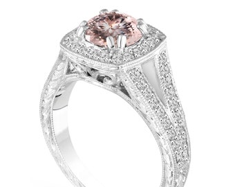 1.46 Carat Morganite Engagement Ring, Wedding Ring Vintage Antique Style Hand Engraved 14K White Gold Or Rose Gold Unique handmade