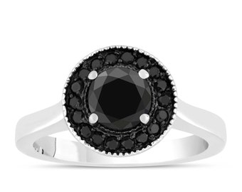 Handmade 14K White Gold Black Diamond Halo Engagement Ring