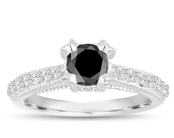 Certified Black Diamond Engagement Ring 14K White Gold 1.00 Carat Unique Vintage Style Handmade Pave
