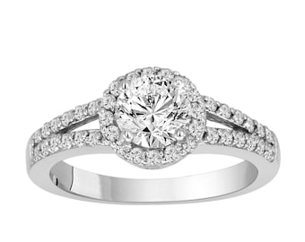 1.01 Carat Natural Diamond Engagement Ring, Halo Pave Bridal Wedding Ring Certified 14k White Gold handmade