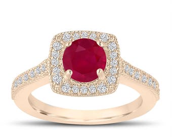 1.28 Carat Ruby and Diamonds Engagement Ring, Wedding Ring 14K Yellow Gold Halo Pave Certified Handmade