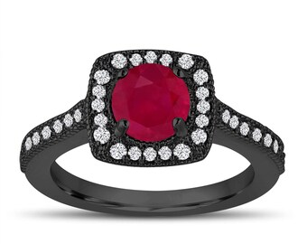 Vintage Style Ruby and Diamonds Engagement Ring, Wedding Ring 1.28 Carat 14K Black Gold Halo Pave Certified Handmade