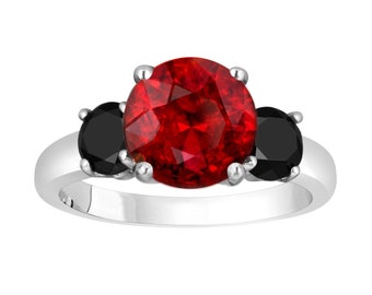 Garnet Three-Stone Engagement Ring, With Black Diamonds Bridal Ring, 14k White Gold Or Black Gold 2.82 Carat Certified Unique
